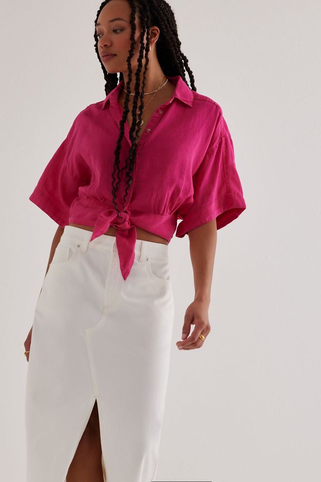 By Anthropologie top in lino stampato con cravatta frontale #3