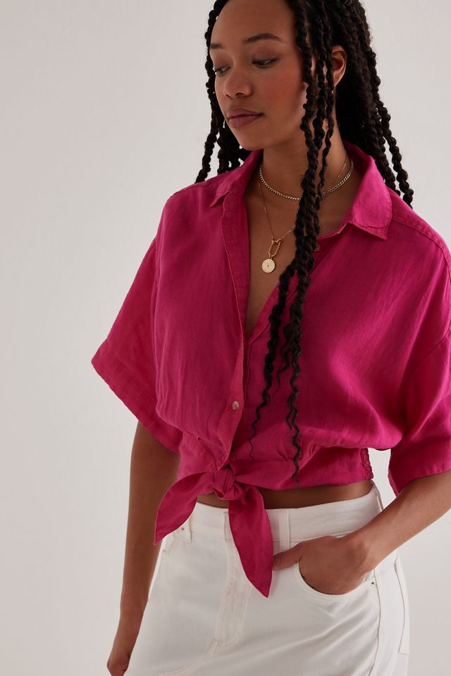 By Anthropologie top in lino stampato con cravatta frontale #5