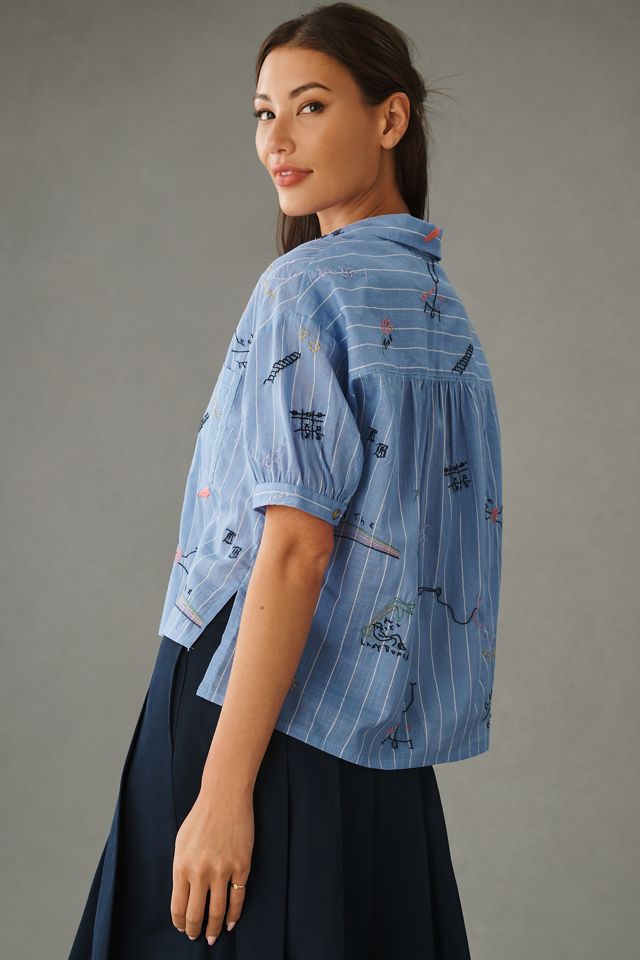 Pilcro Embroidered Short-Sleeve Surf Shirt | Anthropologie