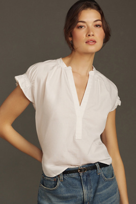 Pilcro Flutter-sleeve Henley Blouse In White