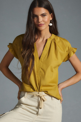 Pilcro Flutter-sleeve Henley Blouse In Green