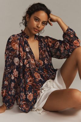 Shop By Anthropologie The Estela Sheer Printed Blouse In Blue