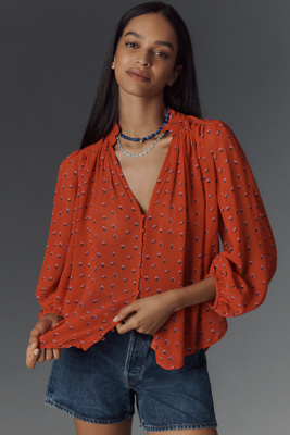 By Anthropologie The Estela Sheer Printed Blouse In Red