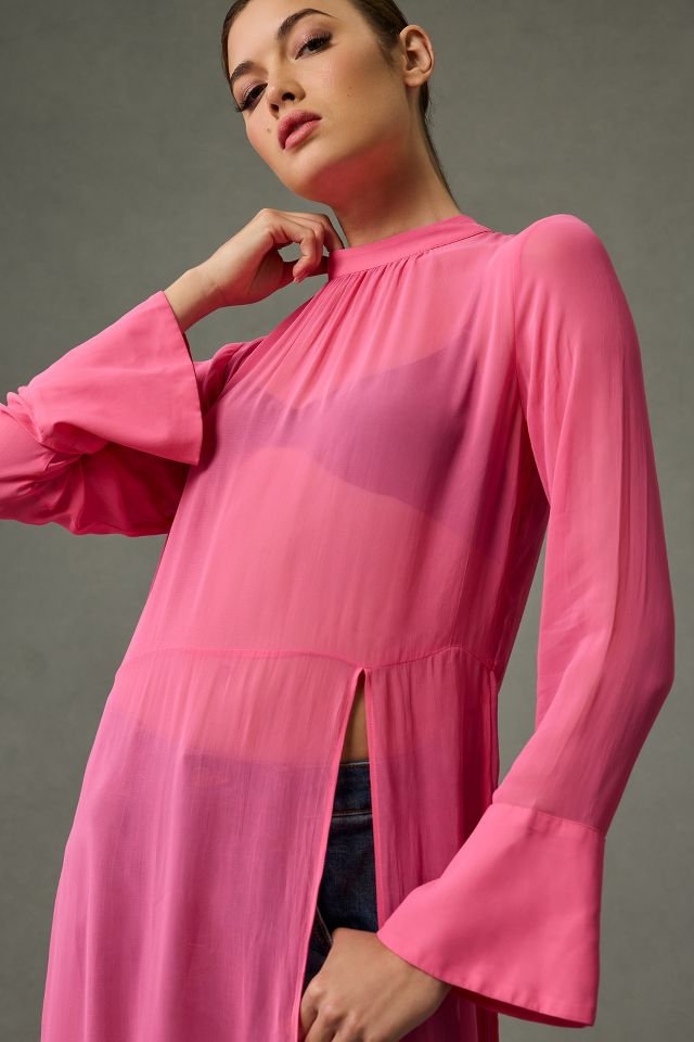 By Anthropologie Long-Sleeve Sheer Ruffled Tunic Dress