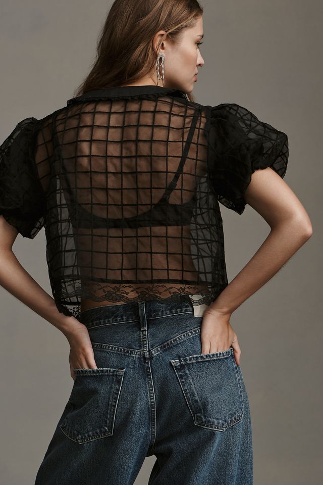 By Anthropologie Short-Sleeve Sheer Peter Pan-Collared Blouse #1
