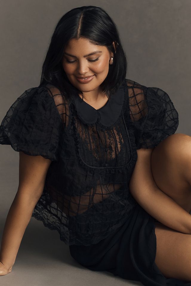 By Anthropologie Short-Sleeve Sheer Peter Pan-Collared Blouse #4