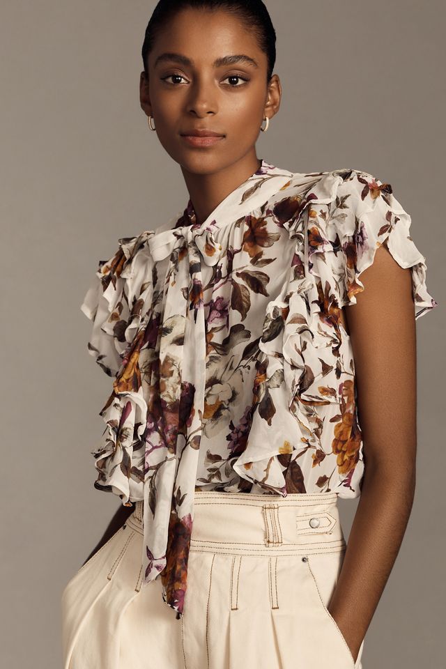 By Anthropologie Tie-Neck Sheer Ruffled Blouse #2