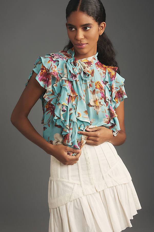 By Anthropologie Tie-Neck Sheer Ruffled Blouse
