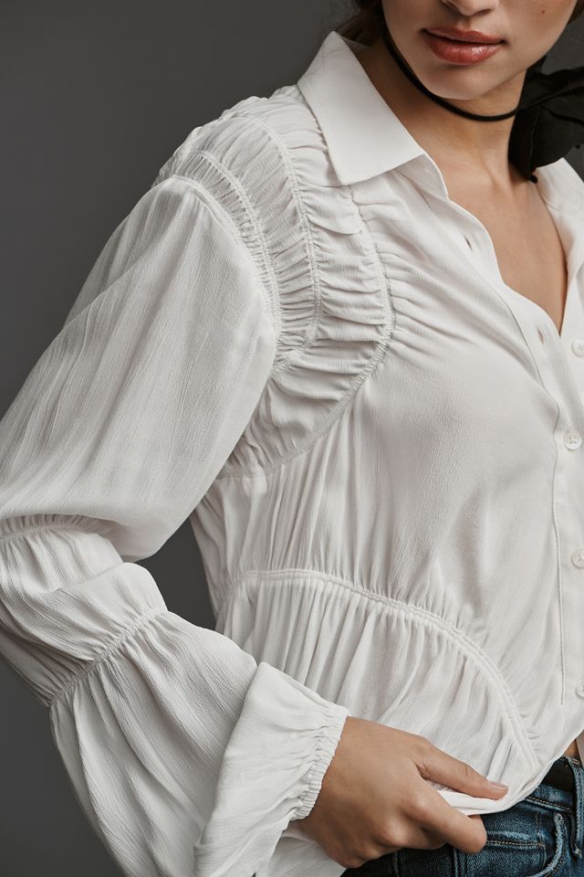 By Anthropologie Long-Sleeve Shirred Buttondown Shirt #2