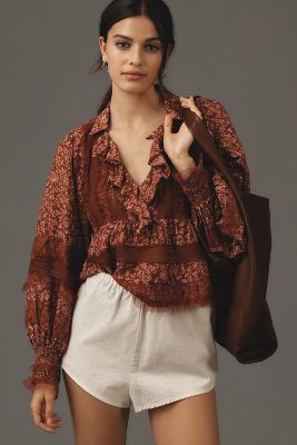 By Anthropologie Ruffled V-neck Popover Blouse In Brown