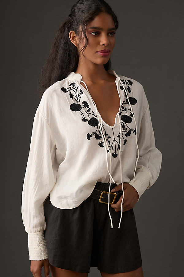 By Anthropologie Linen Long-Sleeve Tie-Front Blouse