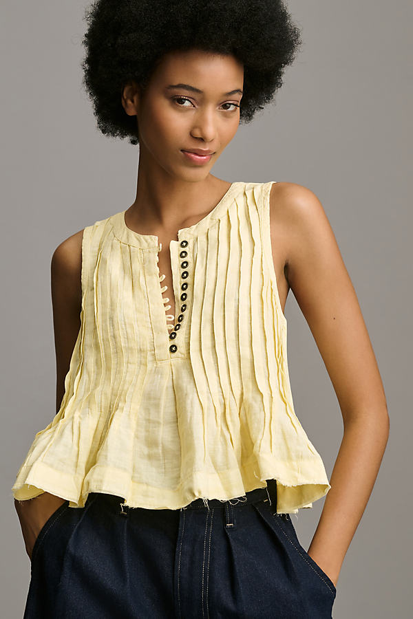 By Anthropologie Pleated Linen Tank Top In Yellow