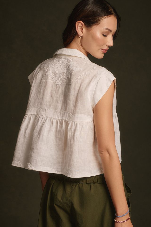 By Anthropologie Linen Appliqué Buttondown Babydoll Blouse #2