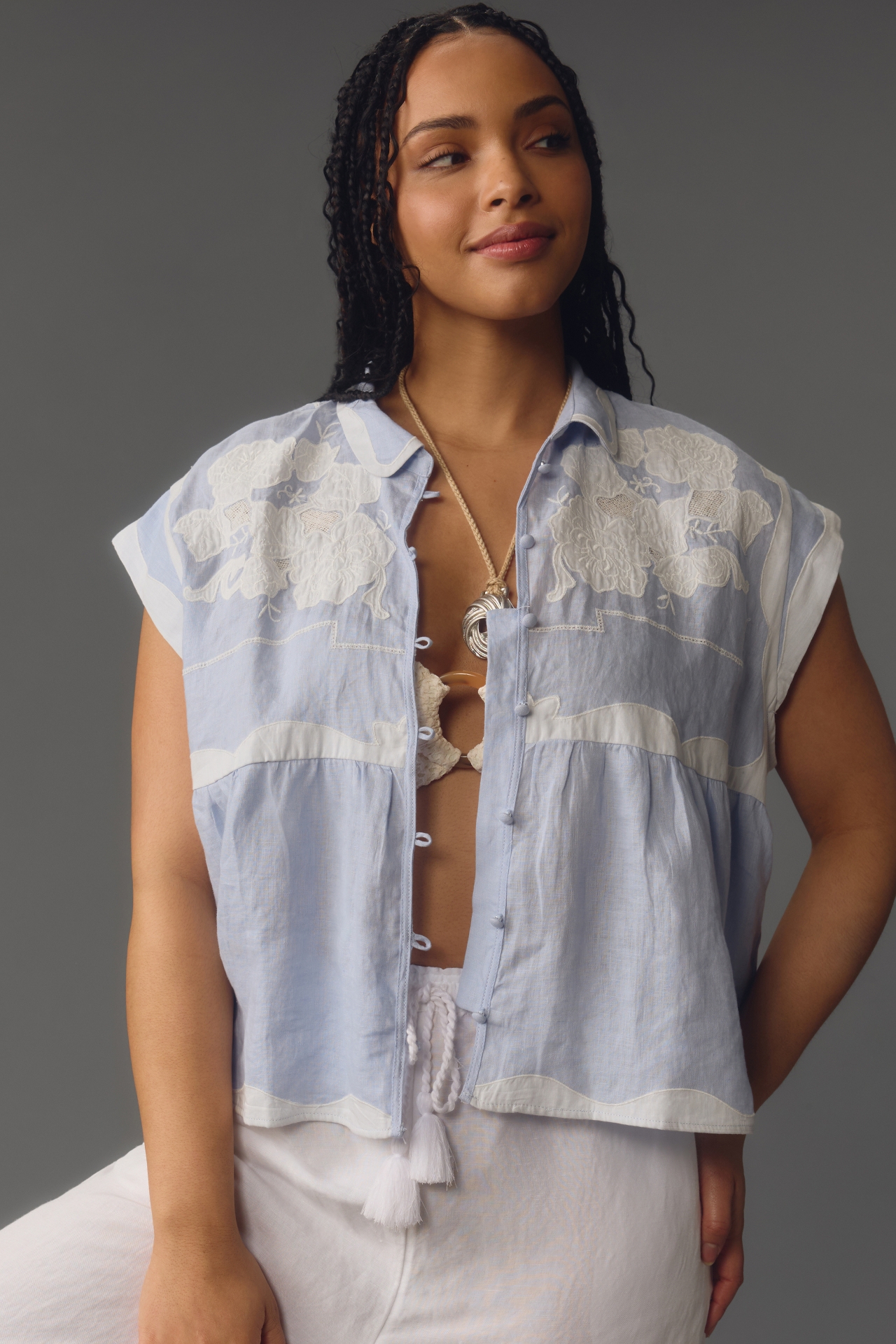 By Anthropologie Linen Appliqué Buttondown Tank