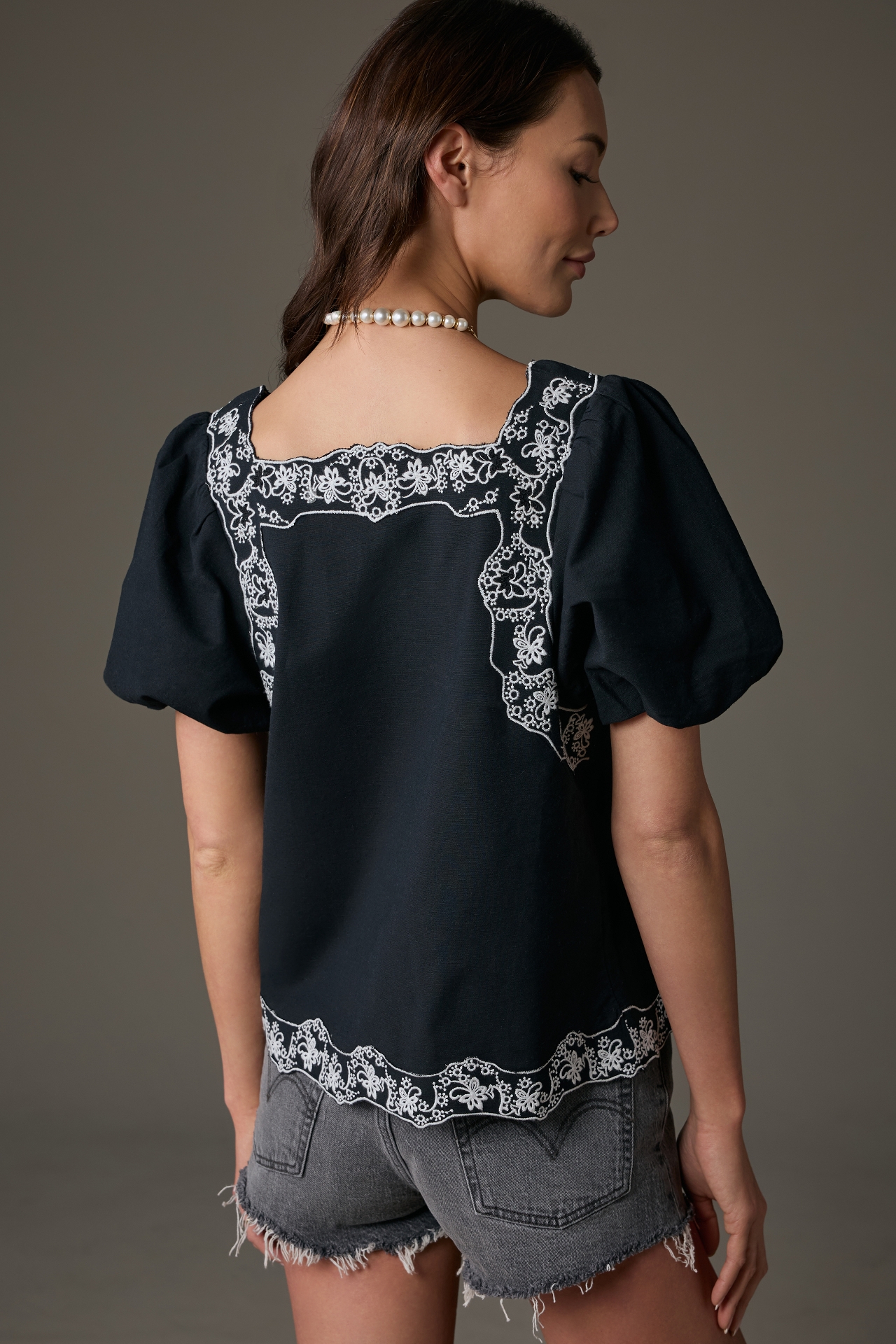 By Anthropologie Short-Sleeve Embroidered Linen Tunic Top