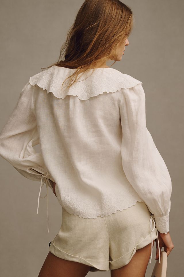 By Anthropologie Long-Sleeve Embroidered Linen Tie-Front Top #2