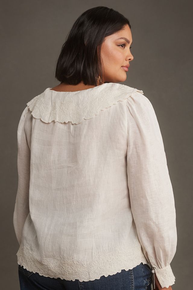 By Anthropologie Long-Sleeve Embroidered Linen Tie-Front Top #6