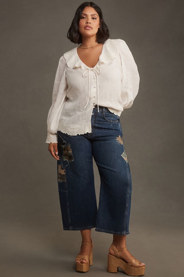By Anthropologie Long-Sleeve Embroidered Linen Tie-Front Top #7