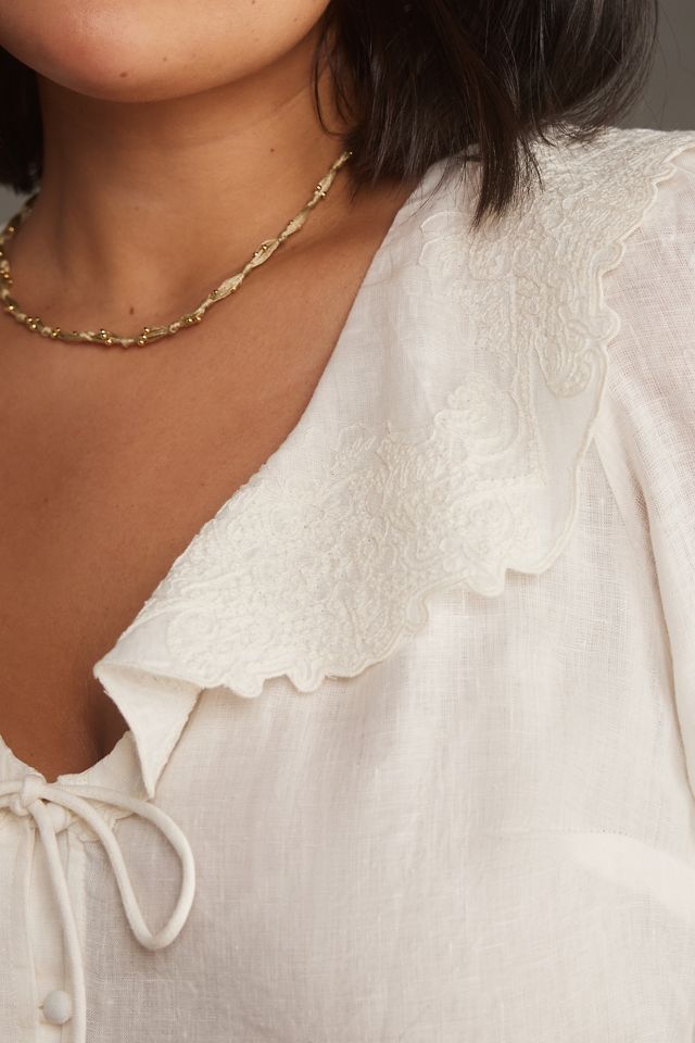 By Anthropologie Long-Sleeve Embroidered Linen Tie-Front Top #8
