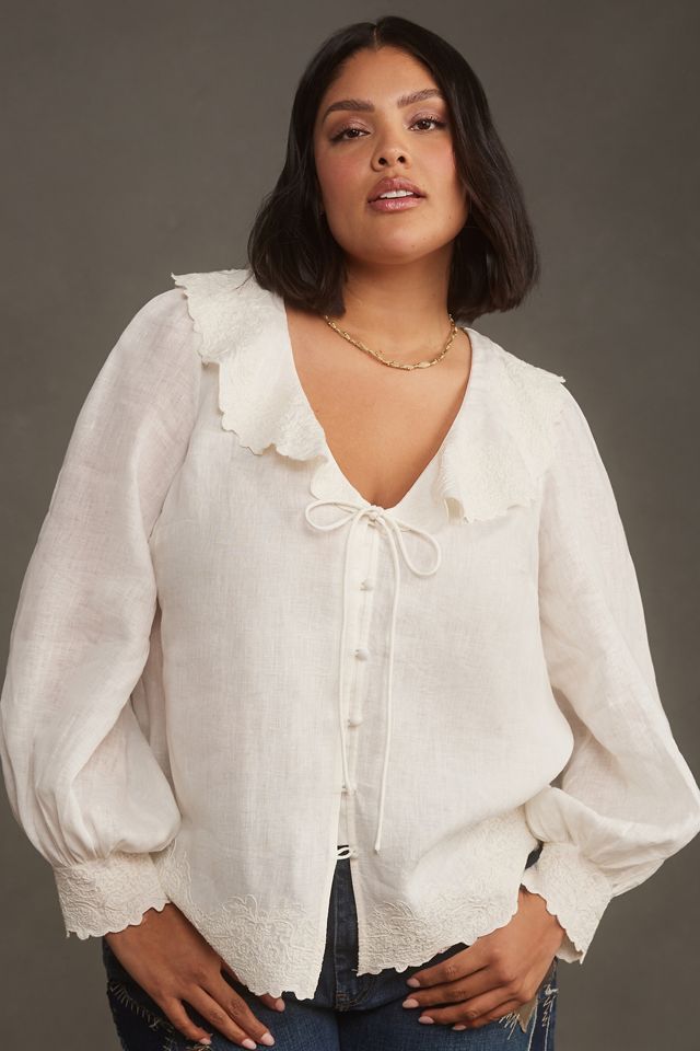 By Anthropologie Long-Sleeve Embroidered Linen Tie-Front Top #5