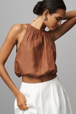 Shop By Anthropologie Linen Bubble Crop Top In Brown