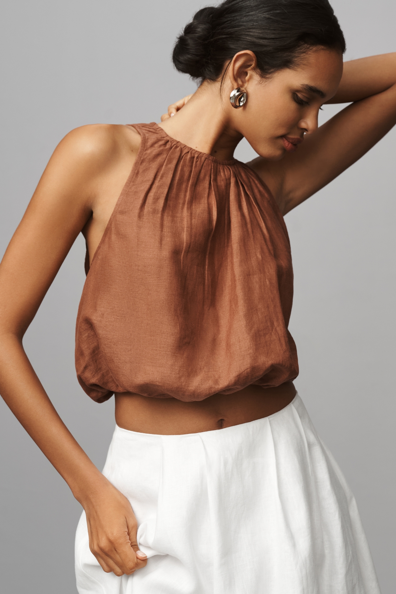 By Anthropologie Linen Bubble Crop Top