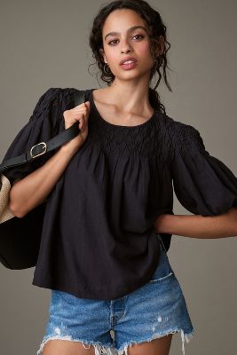 By Anthropologie Puff-sleeve Smocked Linen Top In Black