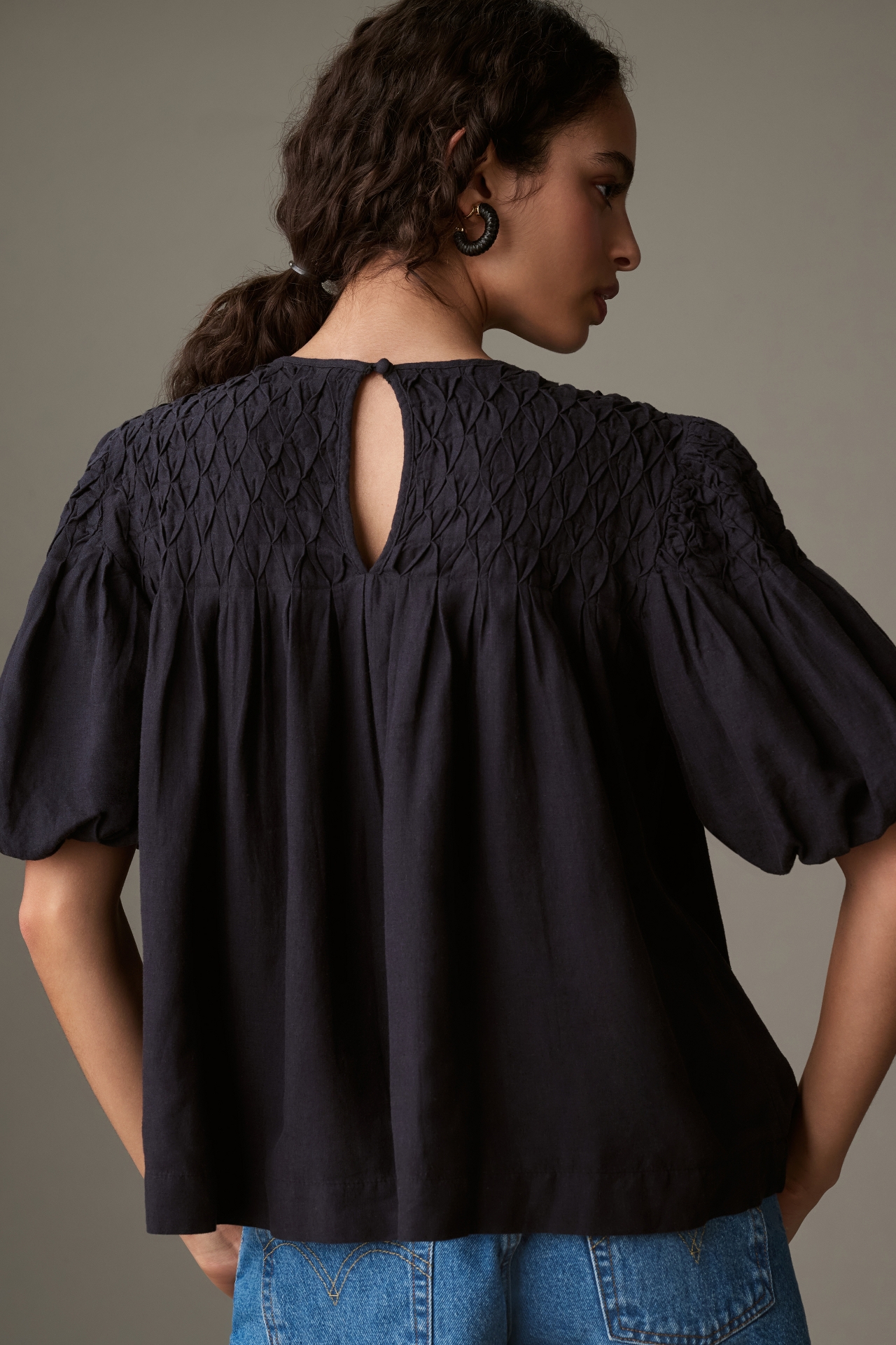 The Liza Puff-Sleeve Smocked Linen Top