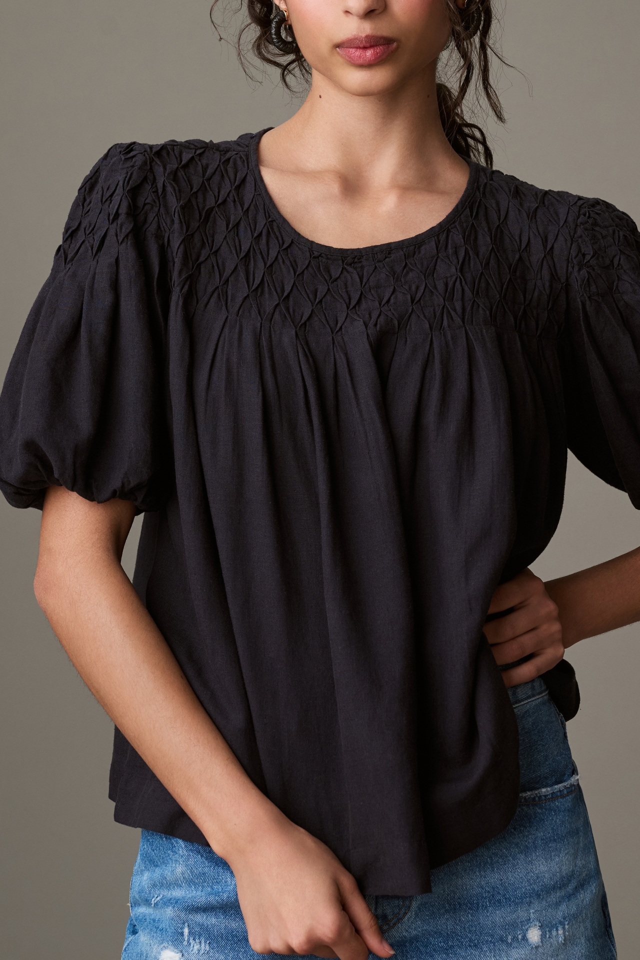 By Anthropologie Puff-Sleeve Smocked Linen Top