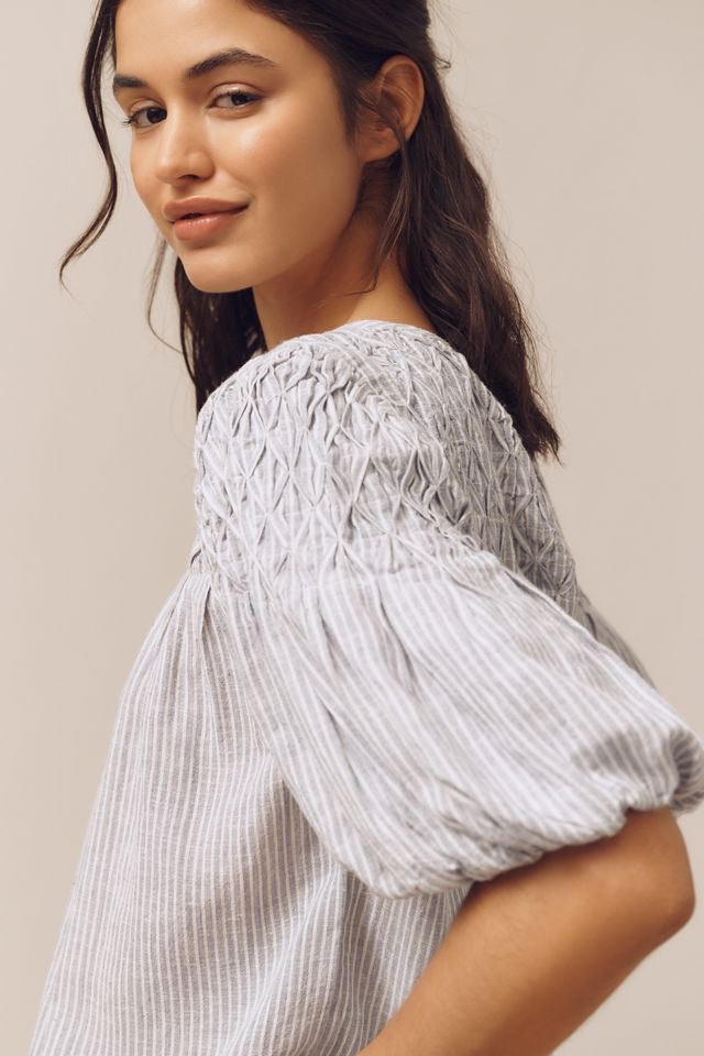 The Liza Puff-Sleeve Smocked Linen Top #3