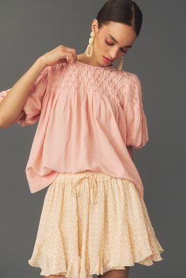 By Anthropologie Puff-sleeve Smocked Linen Top In Pink