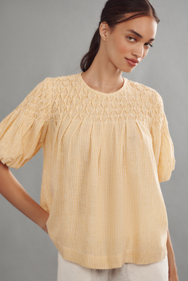 The Liza Puff-Sleeve Smocked Linen Top