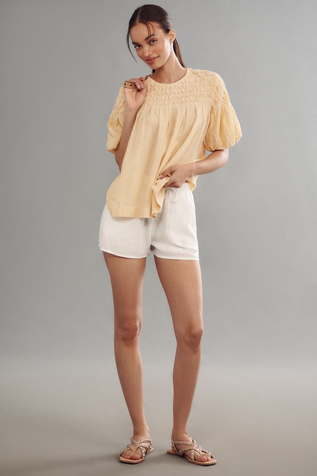 By Anthropologie Puff-Sleeve Smocked Linen Top