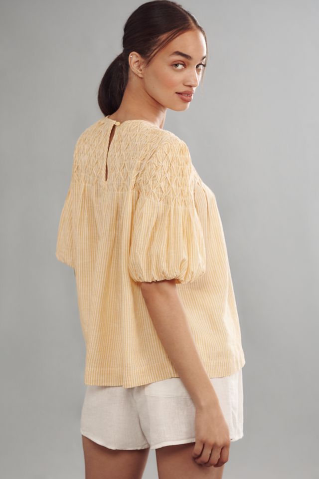 By Anthropologie Puff-Sleeve Smocked Linen Top