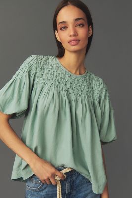 By Anthropologie Puff-sleeve Smocked Linen Top In Blue