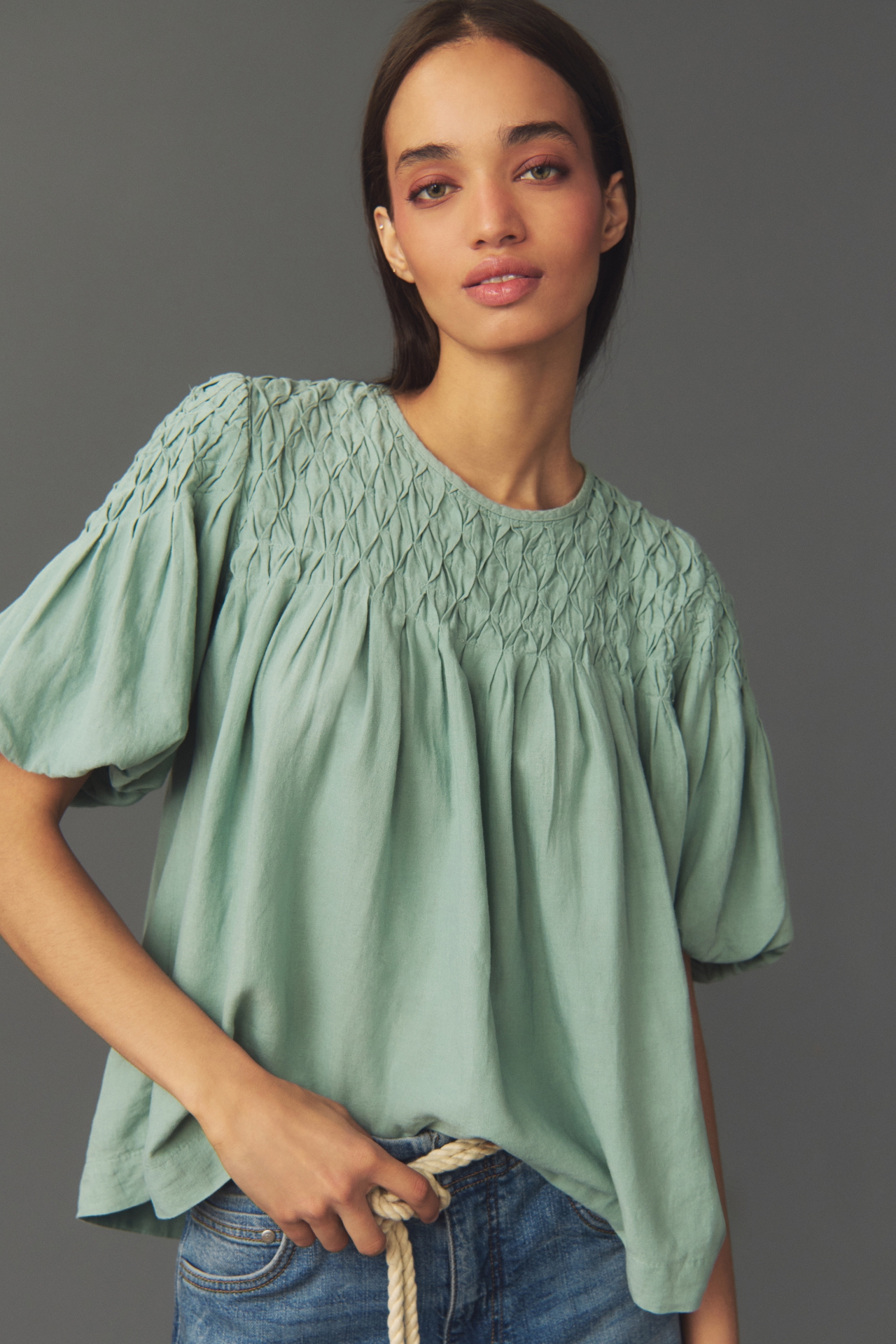 The Liza Puff-Sleeve Smocked Linen Top by Anthropologie