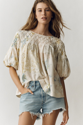 Liza Puff-Sleeve Smocked Linen Top | Anthropologie
