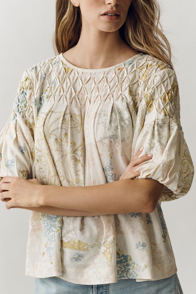 Liza Puff-Sleeve Smocked Linen Top #2