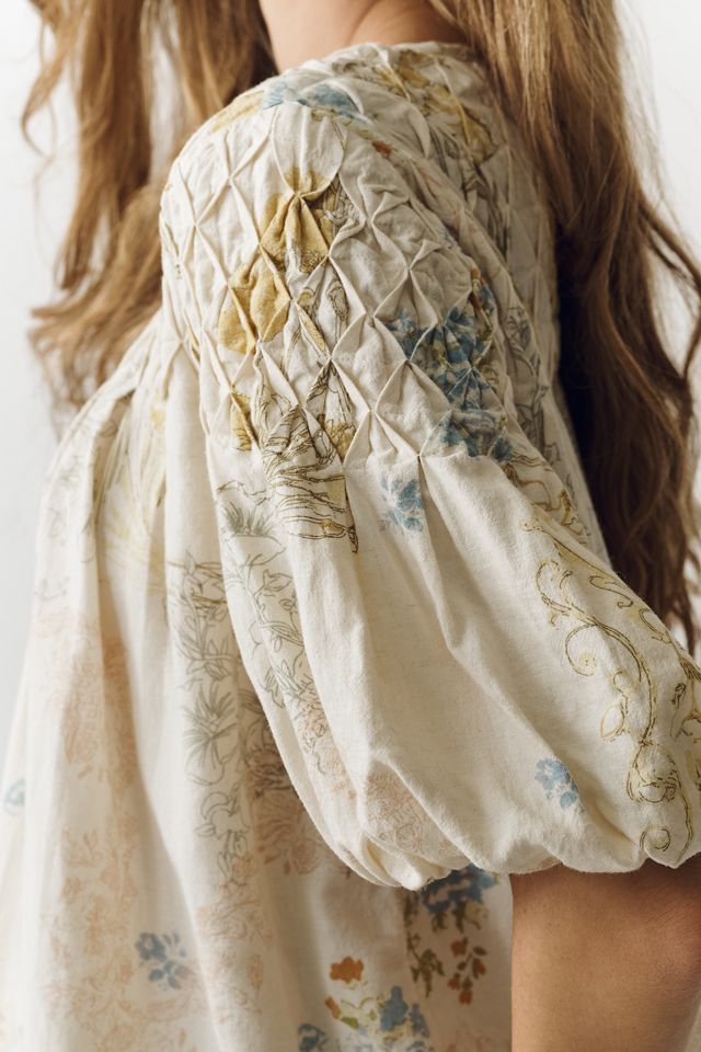 Liza Puff-Sleeve Smocked Linen Top #3