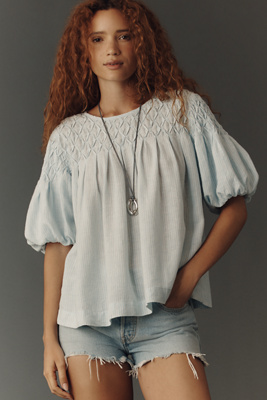 Liza Puff-Sleeve Smocked Linen Top