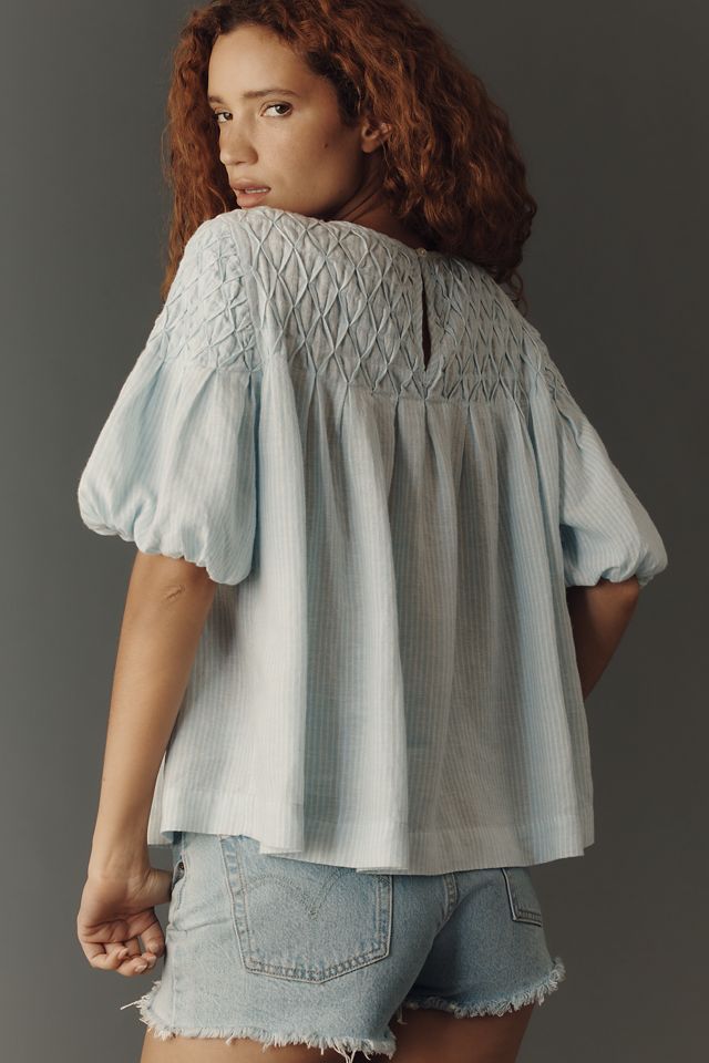 By Anthropologie Liza Linen Blend Smocked Top #3