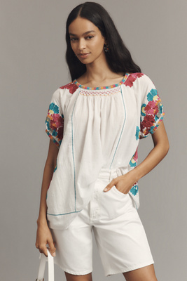 By Anthropologie Short-sleeve Embroidered Tunic Top