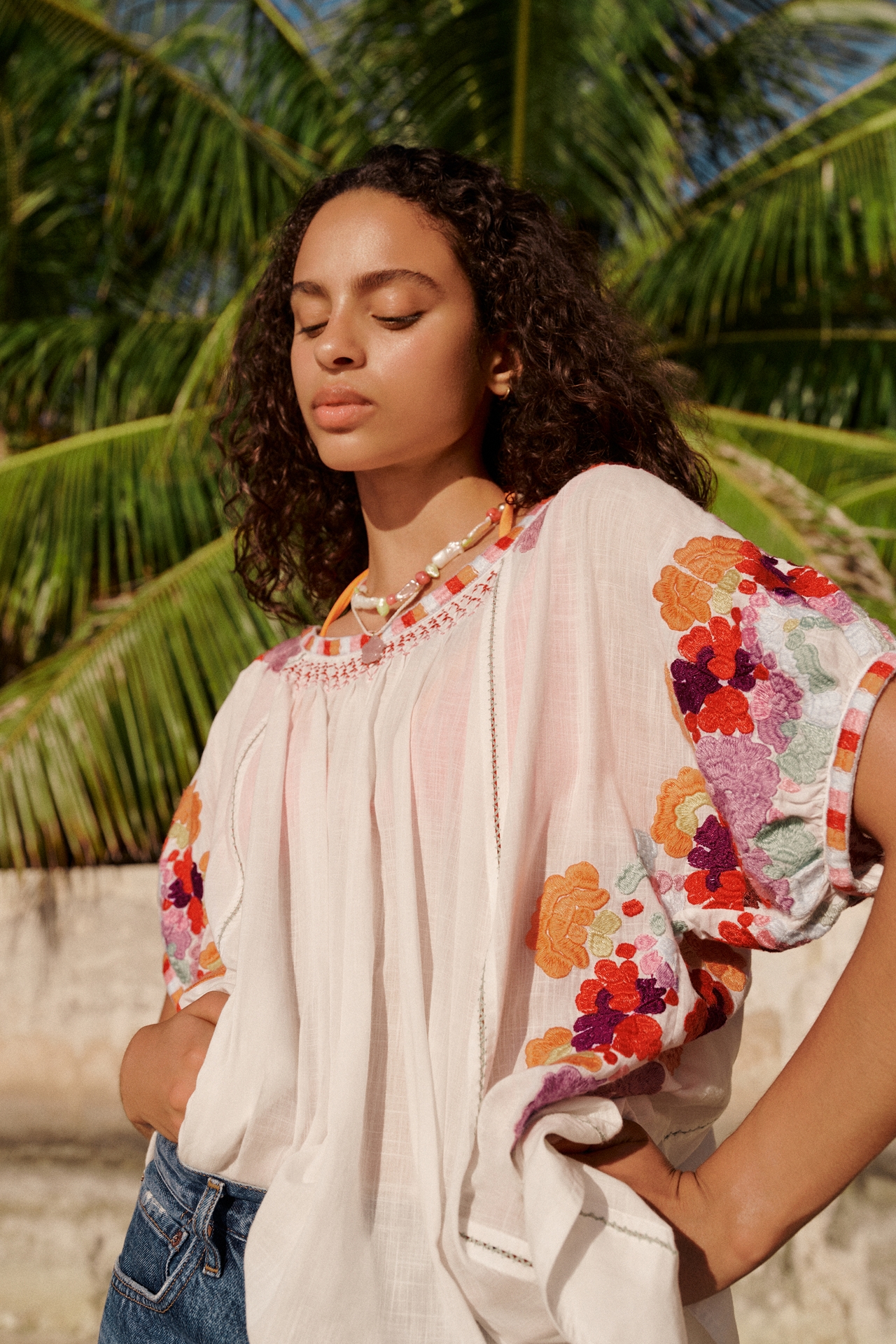 By Anthropologie Long-Sleeve Embroidered Mesh Top