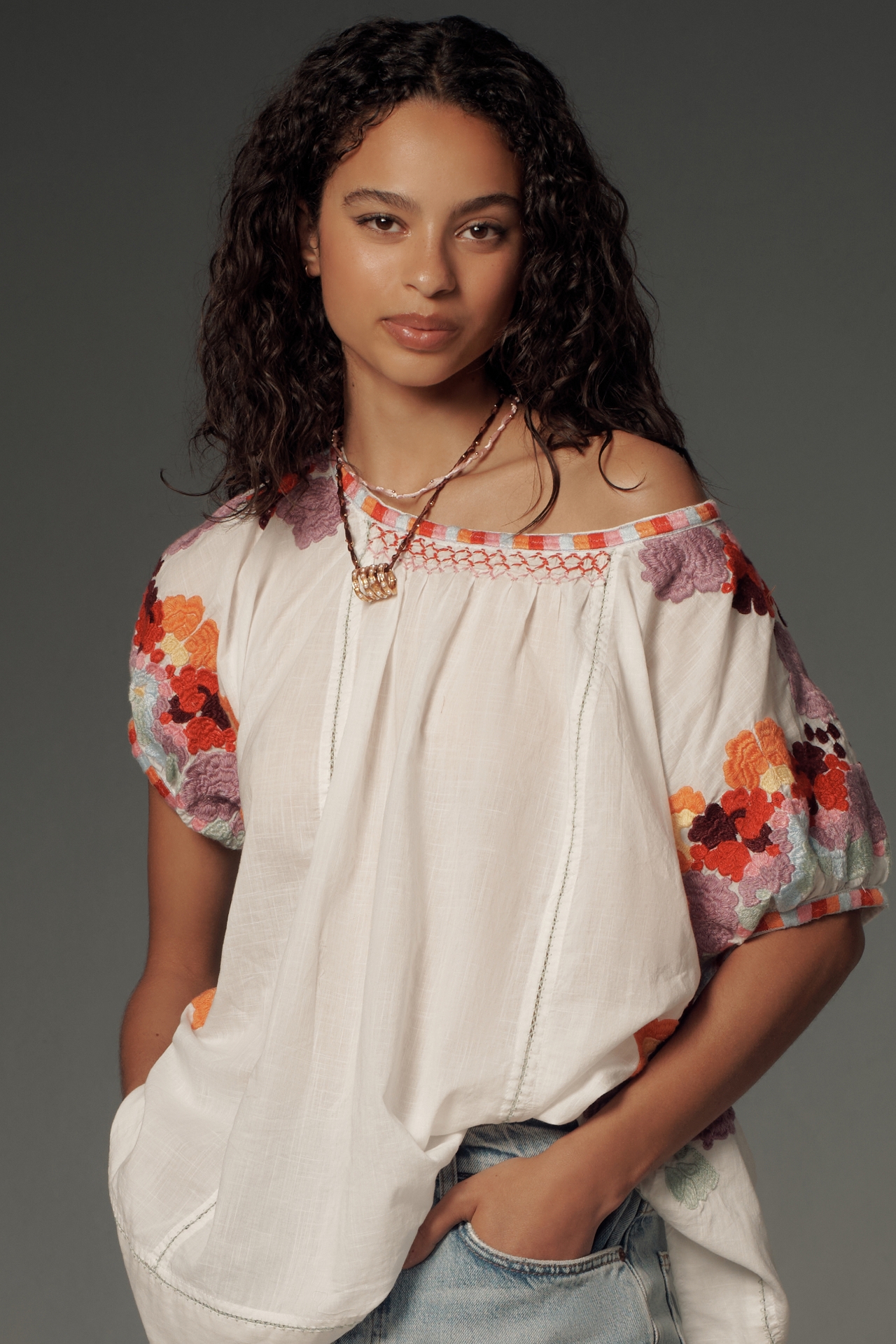 By Anthropologie Short-Sleeve Embroidered Tunic Top