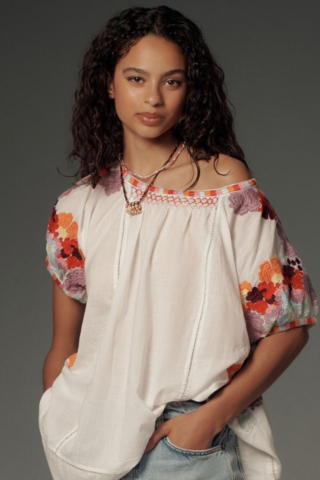 By Anthropologie Short-Sleeve Embroidered Tunic Top #1