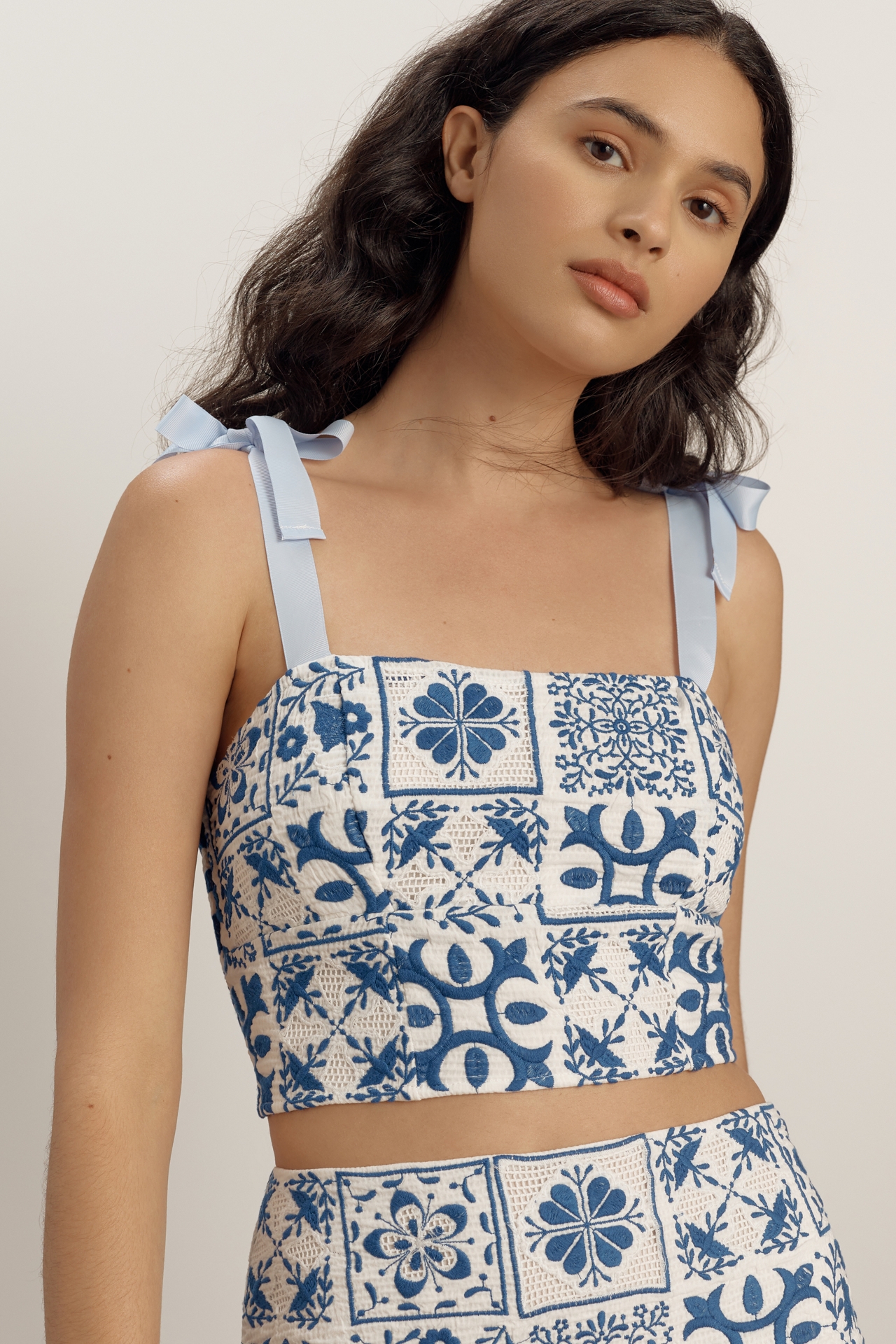 Maeve Bow-Strap Embroidered Tile-Print Cropped Tank