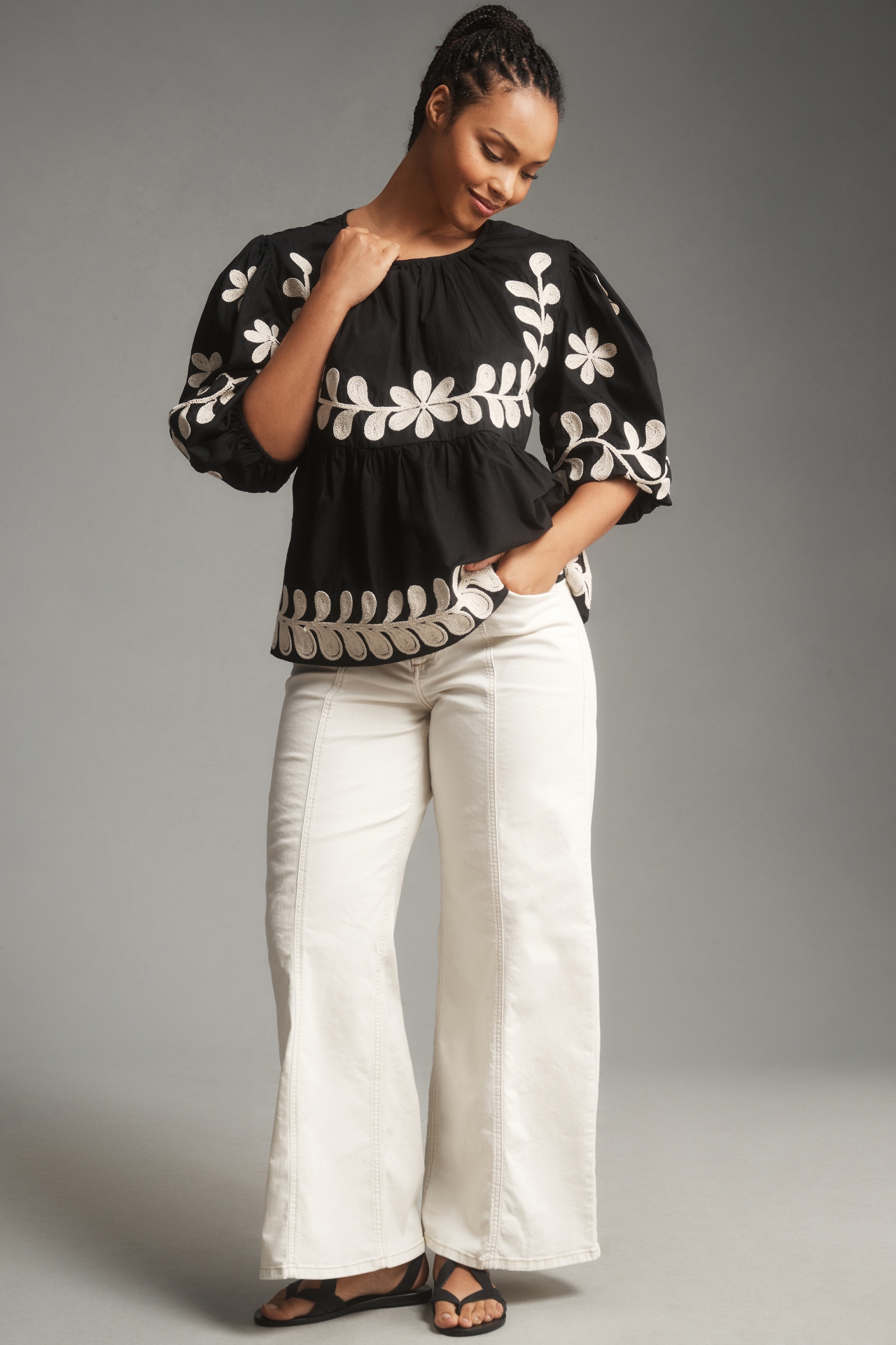 By Anthropologie Crew-Neck Embroidered Blouse