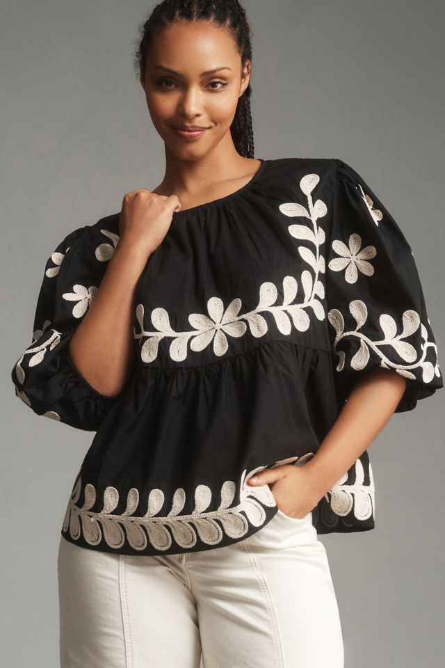 By Anthropologie Crew-Neck Embroidered Blouse #4