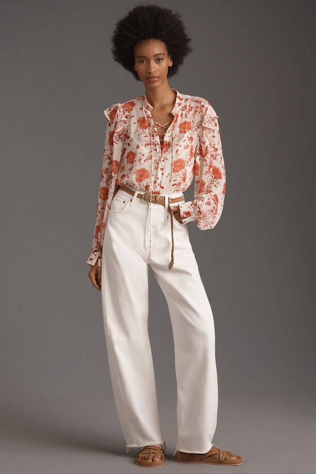 HYFVE Ruched Sheer Long Sleeve Mock Neck Blouse
