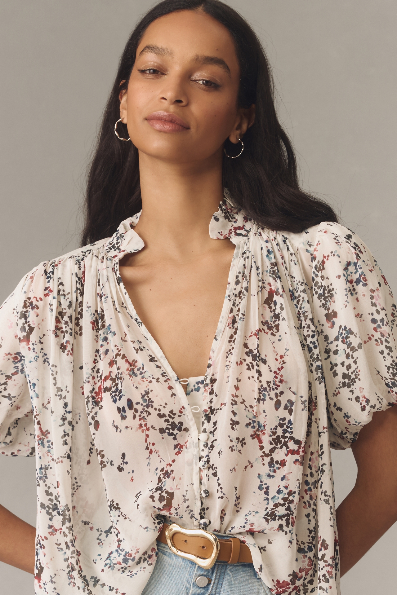 The Estela Sheer Printed Blouse: Short-Sleeve Edition